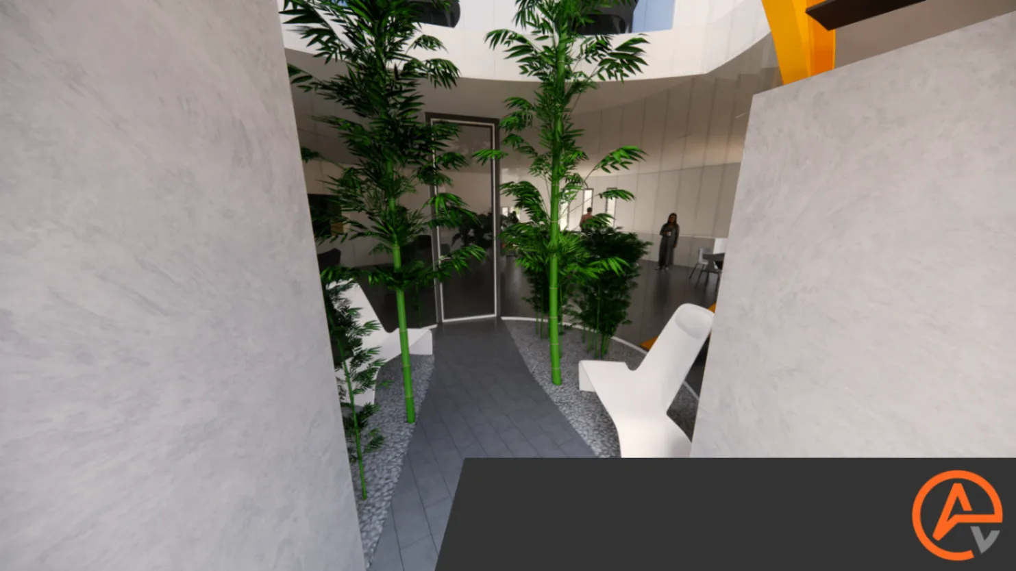 HOUSE AA. Courtyard interior with bamboo planting, curved white walls, and tall glazing.