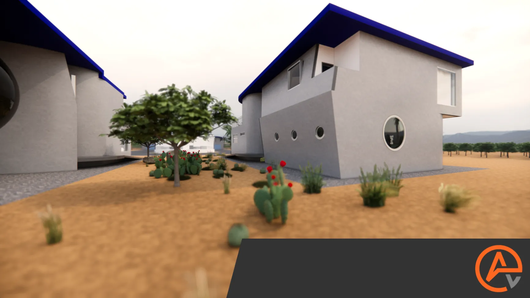 HOUSE AA. North west exterior with grey cubic volumes, deep blue roof fascias, and round windows.