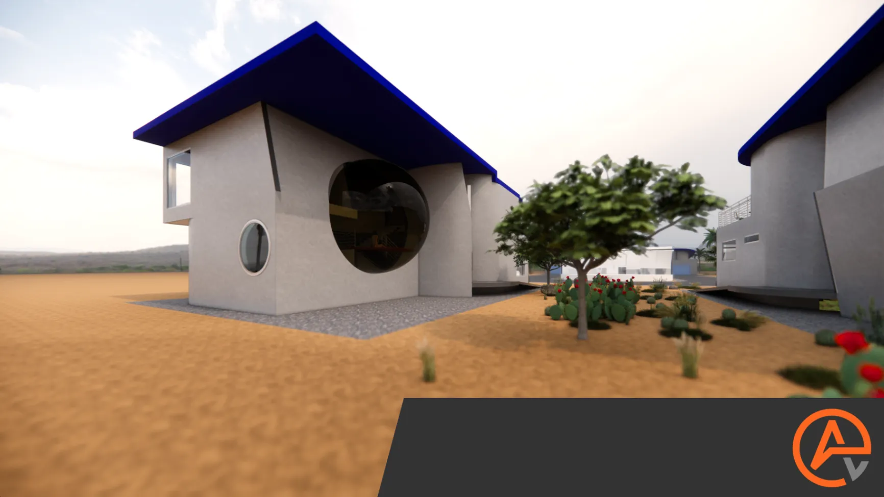 HOUSE AB. Exterior north west perspective of a grey cubic volume beneath a deep blue roof fascia, with a circular window and desert cactus planting.