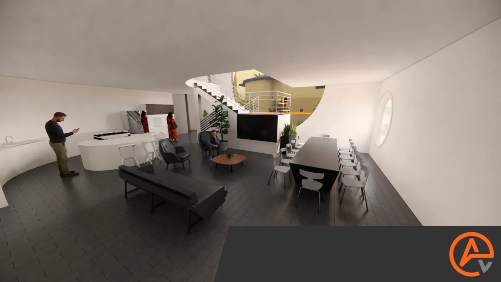 HOUSE AB. Interior perspective of the open living, dining, and kitchen space with a curved white island, dark timber floor, and double height stair void.