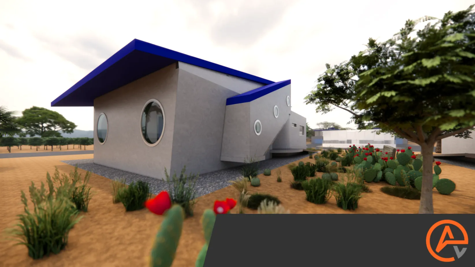 HOUSE AC. South east exterior perspective of grey volumes with round windows, blue roof fascia, and a planted desert forecourt.