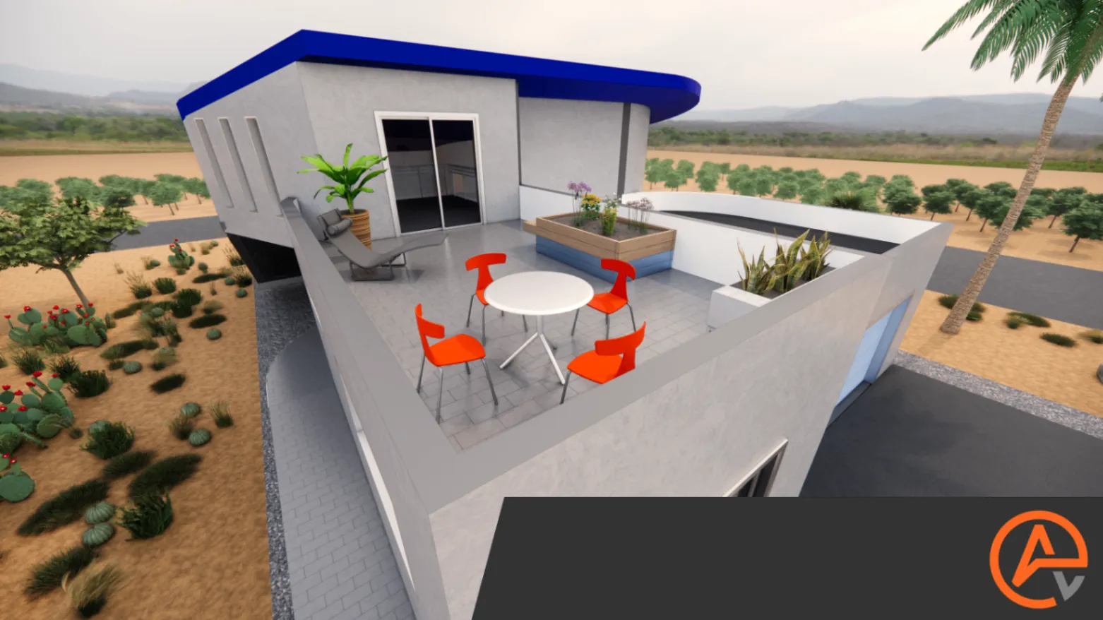HOUSE AC. Roof garden perspective with a terrace, orange dining chairs, planters, and an outdoor lounge overlooking the desert landscape.