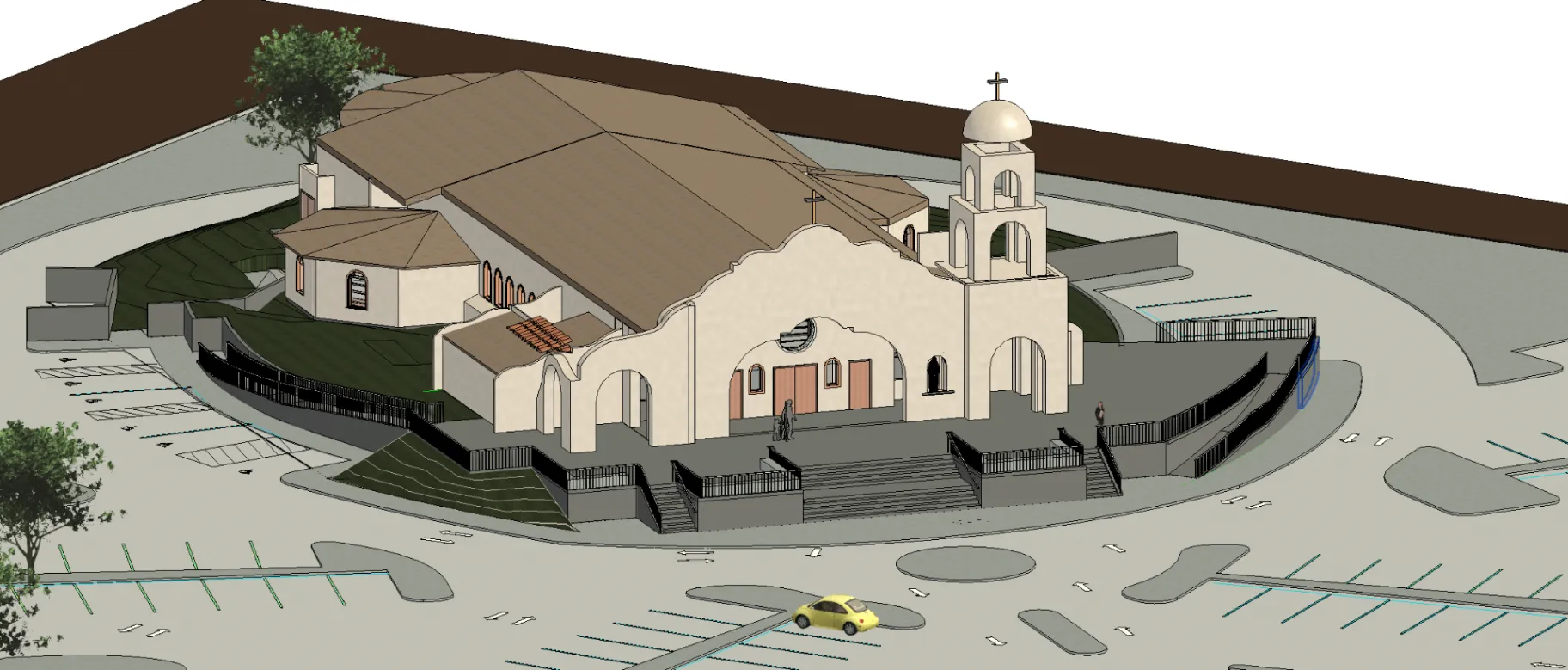 OLG CATHOLIC CHURCH. Bird’s eye model view of the church, bell tower, dome, gardens, steps, and surrounding car park.
