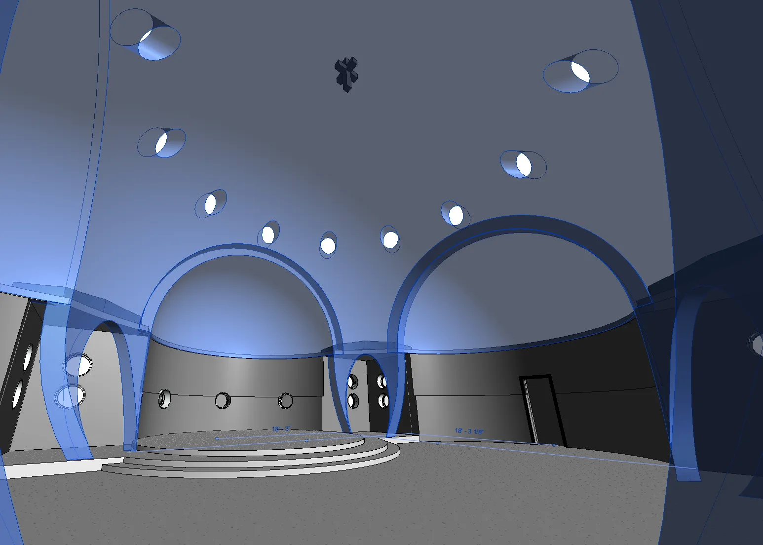 THE 5TH ELEMENT. Early working model view inside the domed private chapel with arched openings, round ceiling lights, and a stepped platform.