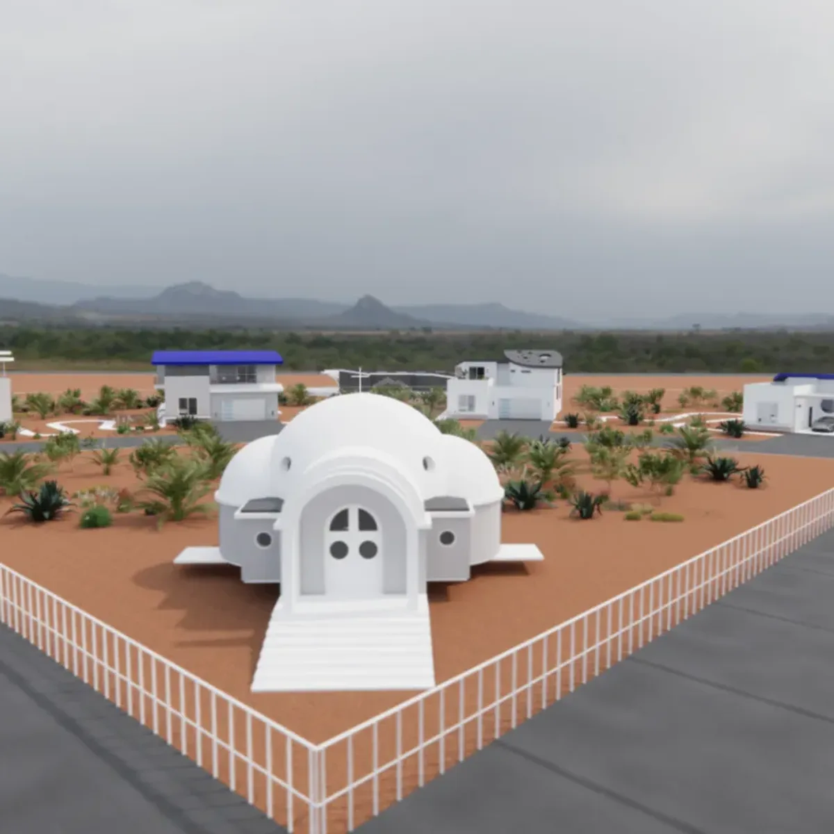 A white domed house and entrance sit at the center of a new residential development.