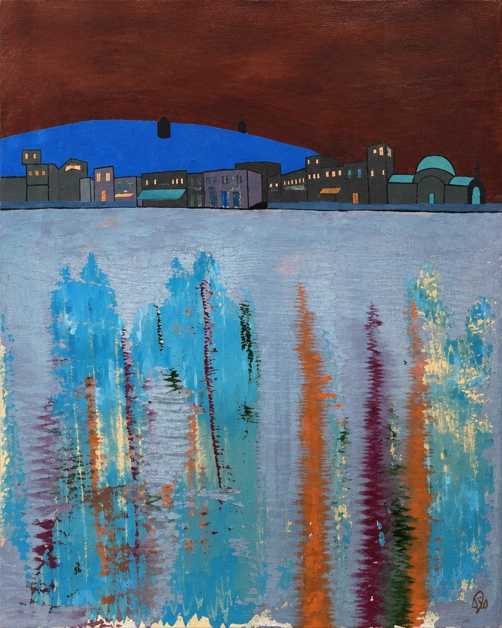 SANTORINI GR, a blue and turquoise water surface reflecting a silhouetted town beneath a dark red-brown sky.